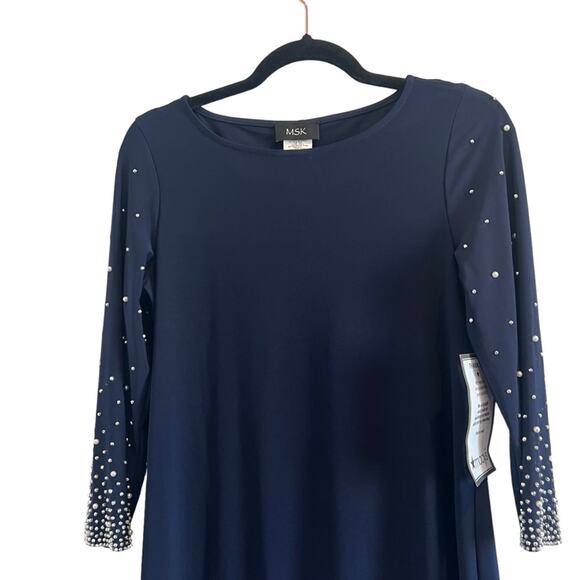 NWT MSK Dress SMALL Embellished Sleeved Sheath Stretch  Navy Blue - Picture 5 of 11